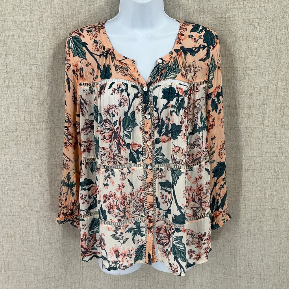 Lucky Brand Blouse Womens M Peach Floral Bohemian Crochet Lace Airy Cottagecore